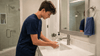 A teenage kid washing his hands.