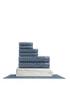 Supima waffle complete bathroom bundle featuring stacked towels and bath mat in blue and white.