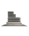 Supima waffle complete bathroom bundle featuring stacked towels and bath mat in gray tones.