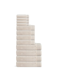 Onsen Plush Bath Towel Move In set in Oatmeal on a white background. 