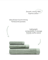 The ONSEN Sage Waffle Bath Towel Set on a white background.