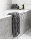The ONSEN Cinder Grey Waffle Towel Set in a bathroom setting.
