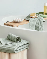 Sage Waffle Complete Set in a bathroom setting. 